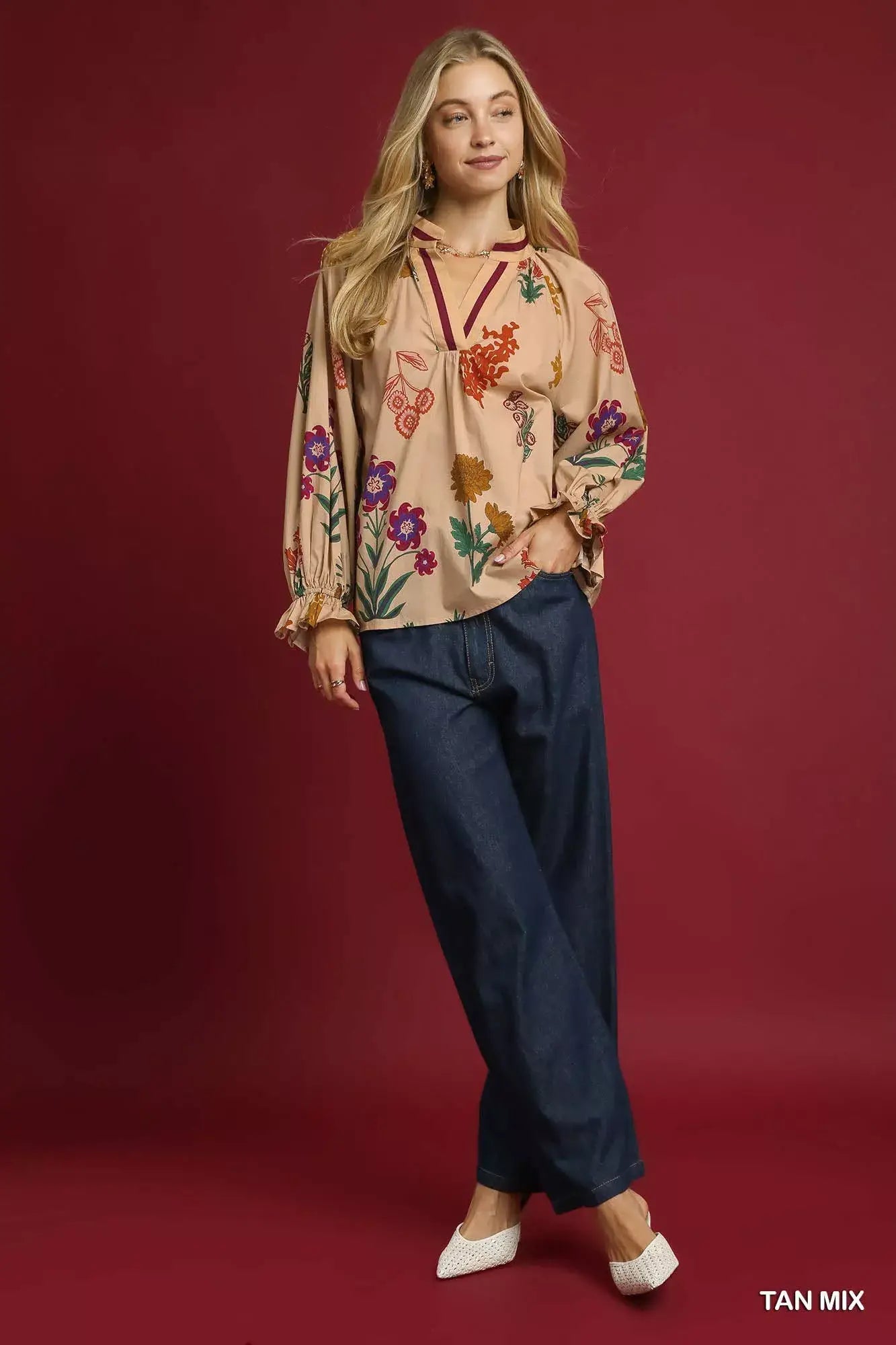 Umgee Floral Print Flounce Sleeve Blouse - Trendsi - Flyclothing LLC
