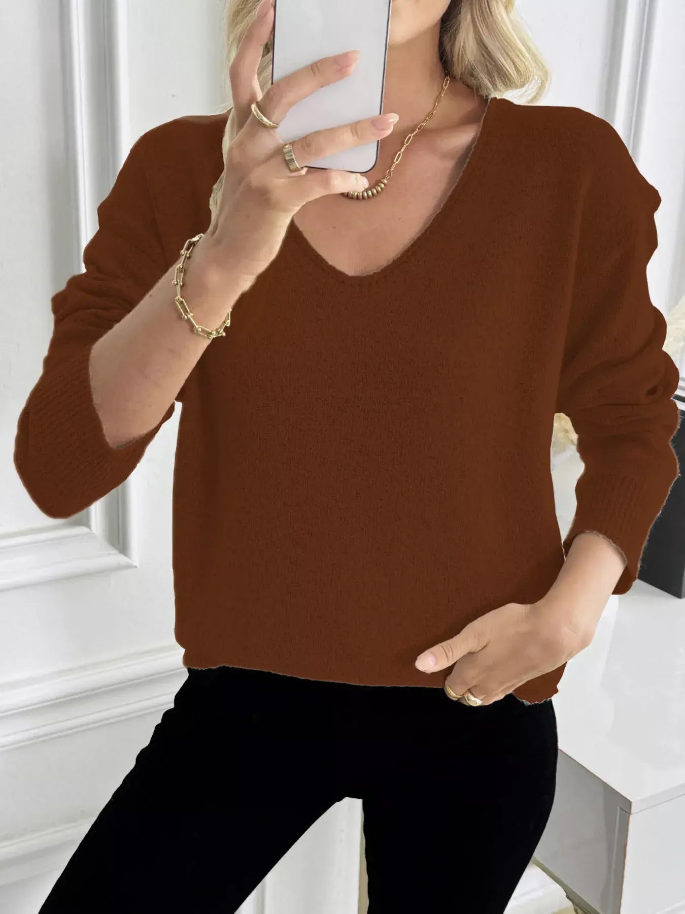 Casual V-Neck Drop Shoulder Sweater - Trendsi - Flyclothing LLC