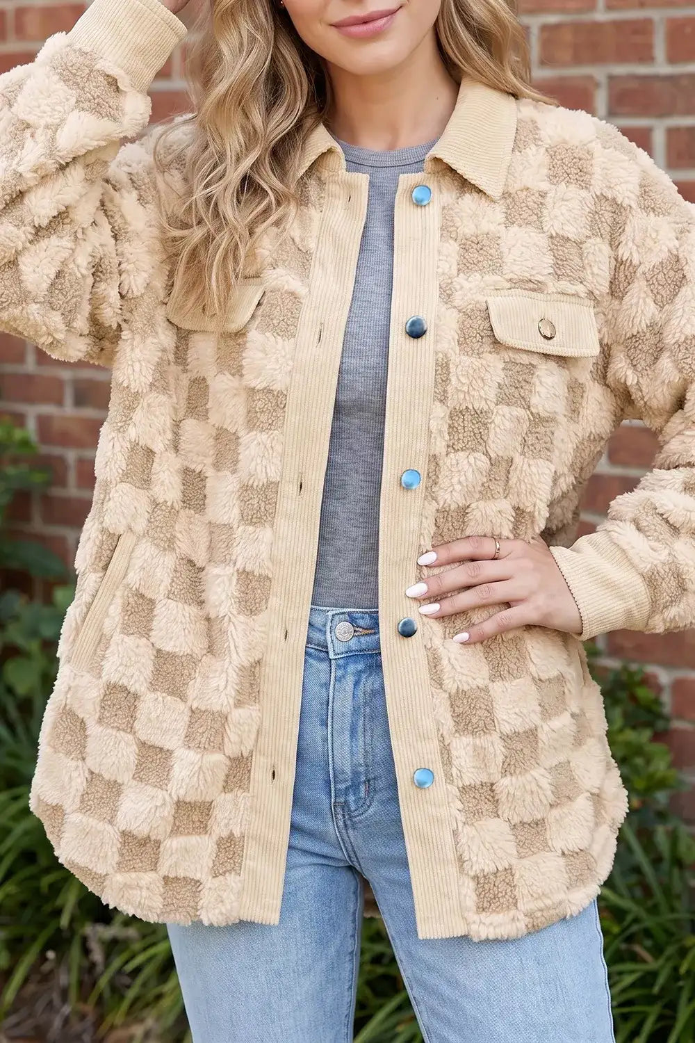 Plush Checkered Corduroy Trim Metal Button Long Sleeve Shift Silhouette Shacket - Trendsi - Flyclothing LLC