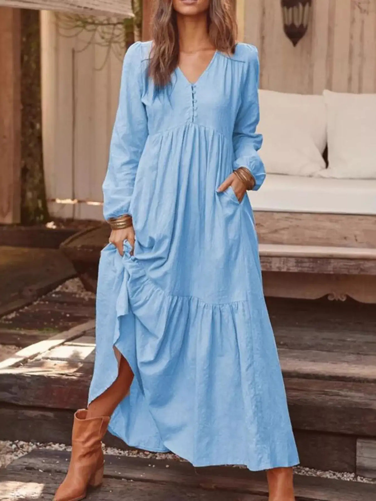 Full Size V-Neck Long Sleeve Tiered Maxi Dress with Pockets Plus Size - Trendsi - Flyclothing LLC