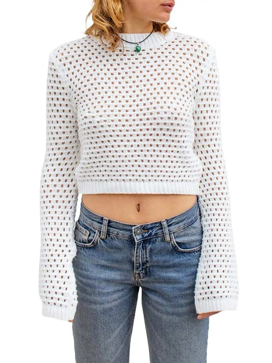 Openwork Round Neck Long Sleeve Knit Top - Trendsi - Flyclothing LLC