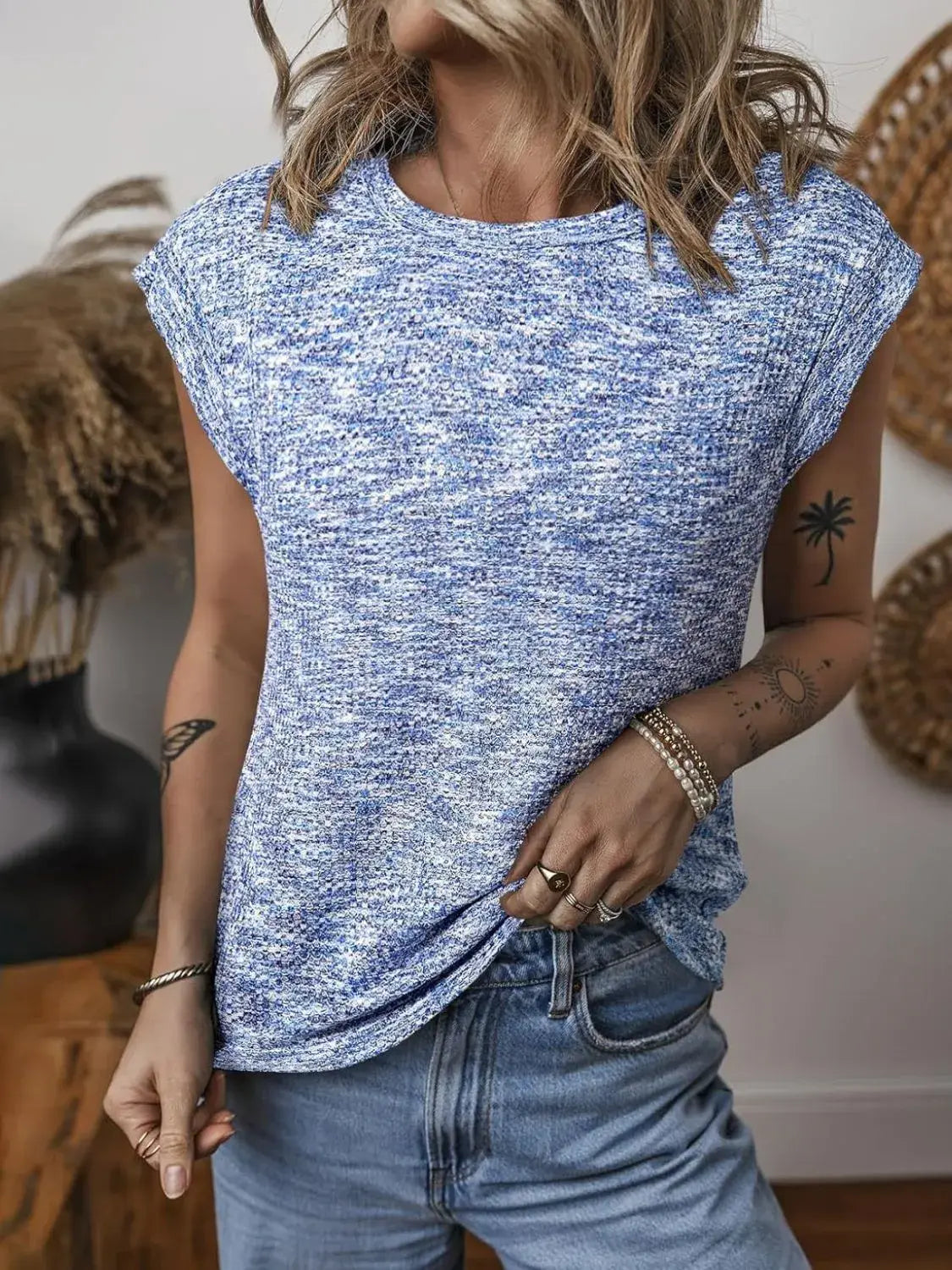 Round Neck Knit Cap Sleeve Top - Trendsi - Flyclothing LLC