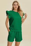Double Take Full Size Texture Round Neck Ruffle Sleeve Top and Shorts Set - Trendsi