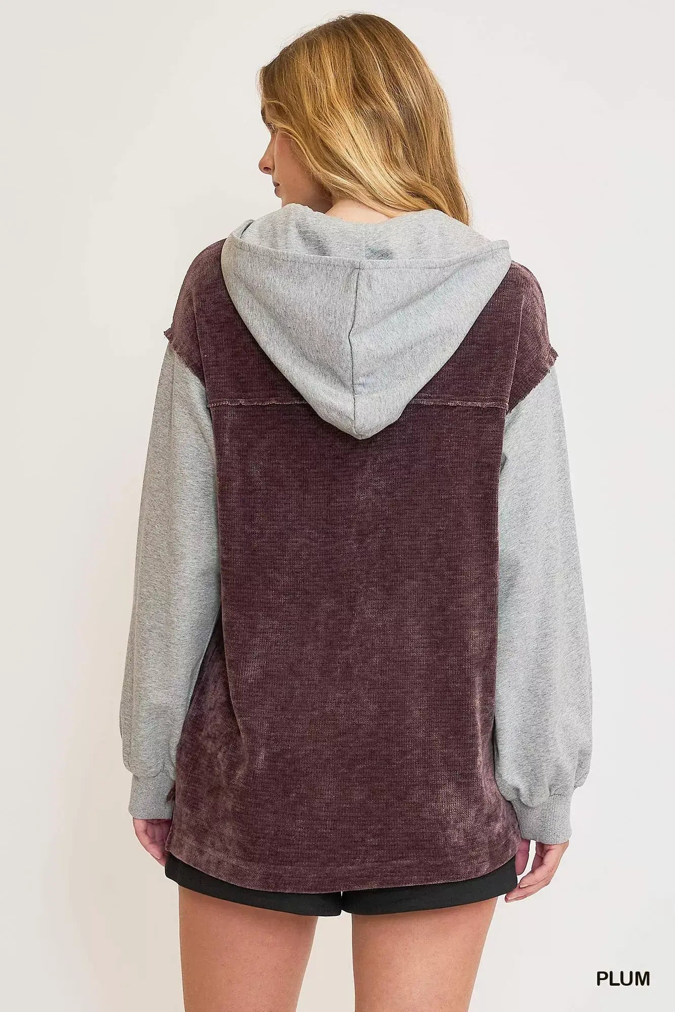 Umgee Contrast Hooded Chenille Jacket - Trendsi - Flyclothing LLC