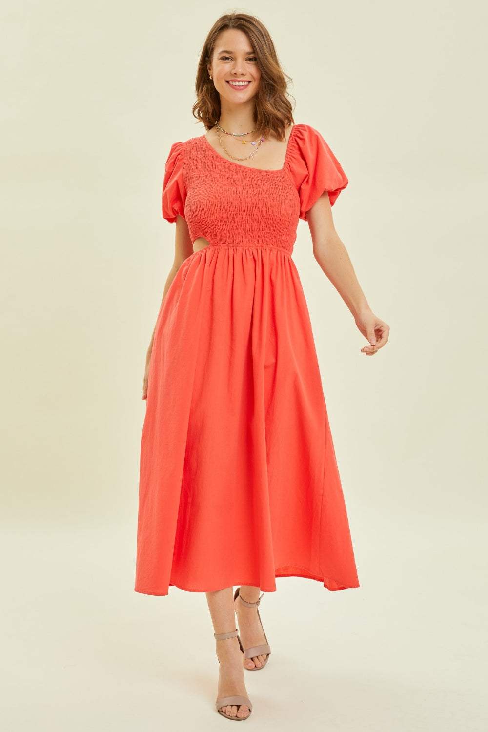 HEYSON Smocked Cutout Midi Dress - Trendsi - Flyclothing LLC