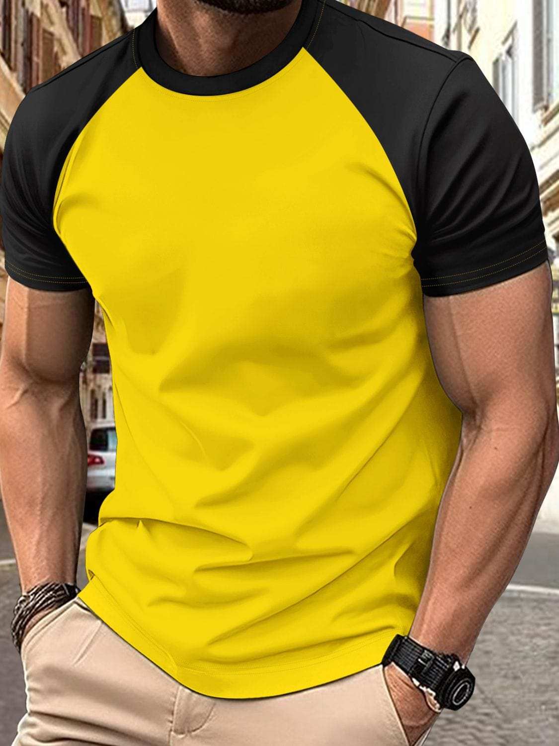 Men's Full Size Round Neck Contrast T-Shirt Plus Size - Trendsi - Flyclothing LLC
