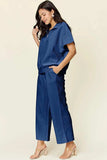 Double Take Full Size Texture Half Zip Short Sleeve Top and Pants Set - Trendsi - Flyclothing LLC