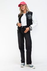 Love Me Now PU Leather Contrast Snap Down Bomber Jacket - Trendsi