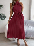 Pleated Tie Waist Sleeveless Midi Dress - Trendsi - Flyclothing LLC