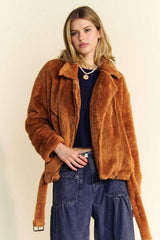 Davi & Dani Fuzzy Zip Up Collared Neck Jacket - Trendsi - Flyclothing LLC