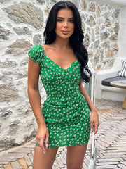 Printed V-Neck Short Sleeve Mini Dress - Trendsi