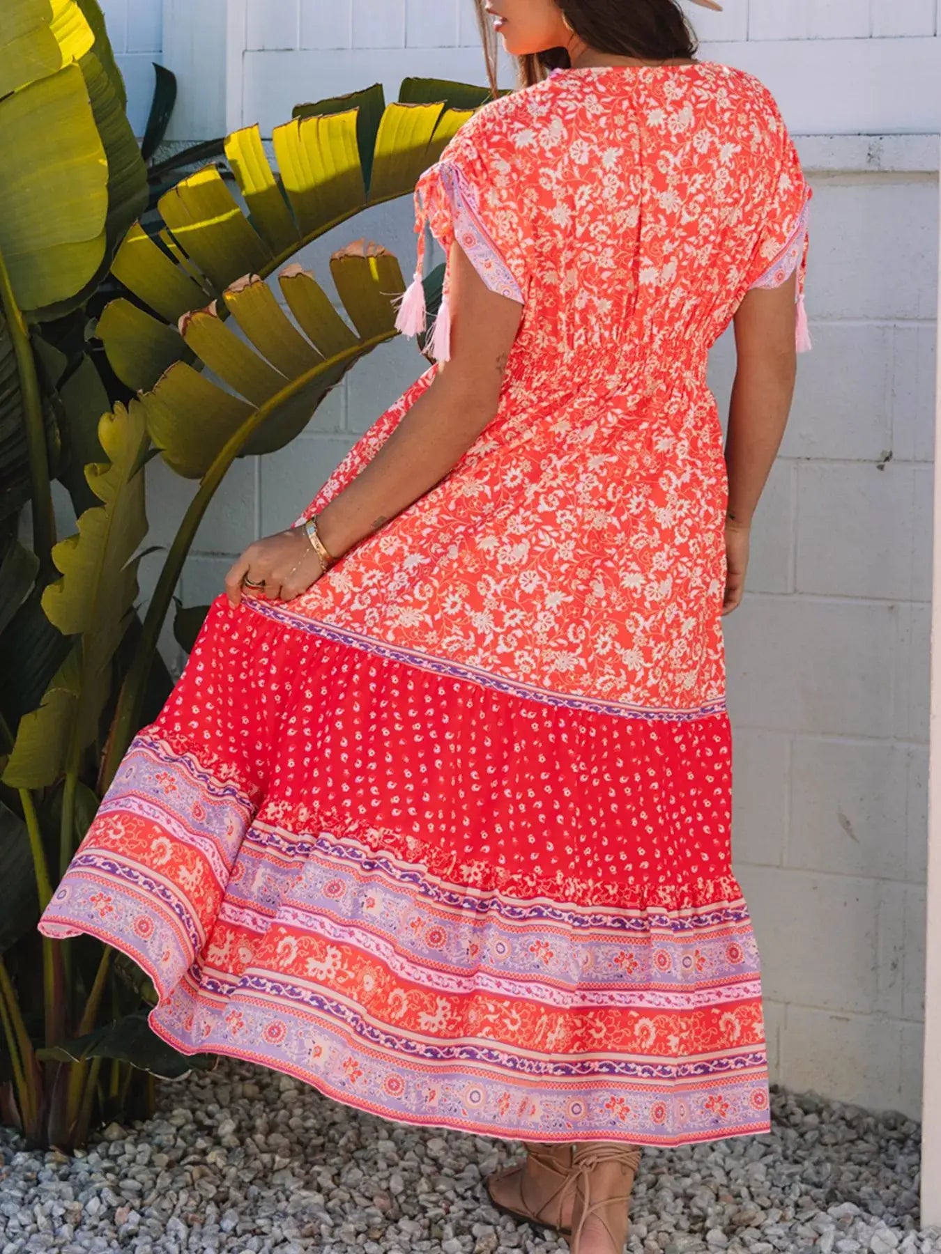 Floral Print Tasseled Tied Sleeve Empire Waist Dress - Trendsi - Flyclothing LLC