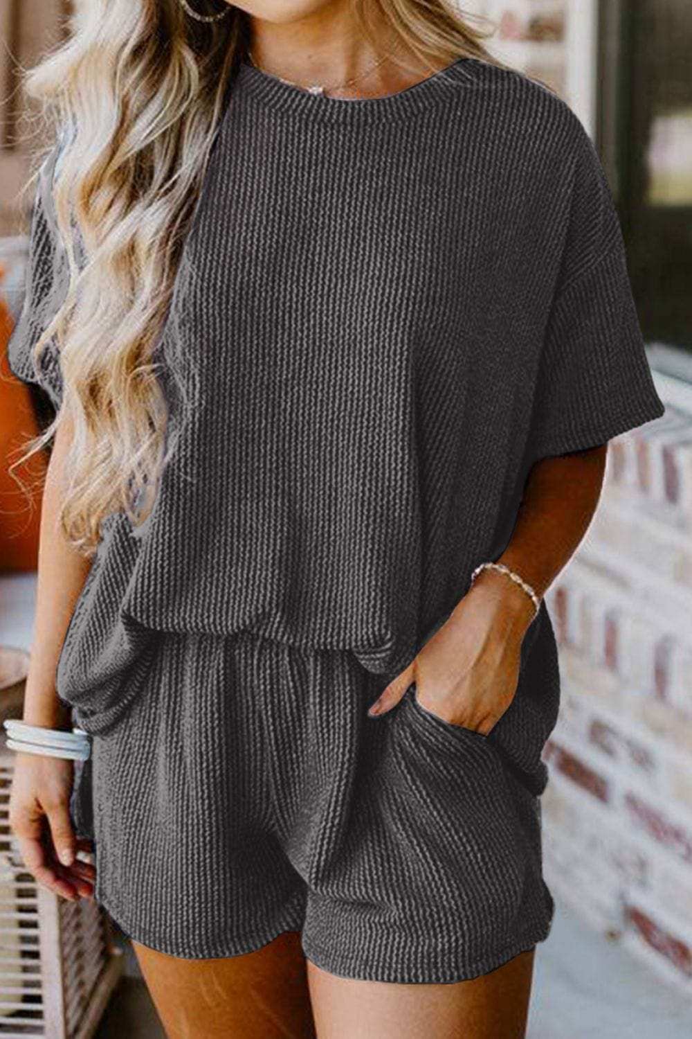 Textured Round Neck Top and Shorts Set - Trendsi - Flyclothing LLC