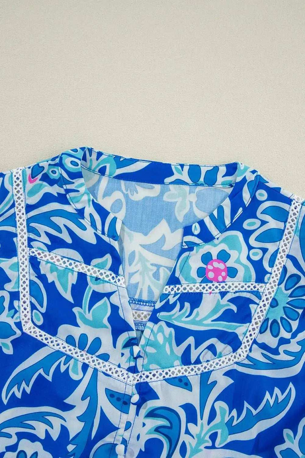 Printed Notched Three-Quarter Sleeve Blouse - Trendsi - Flyclothing LLC