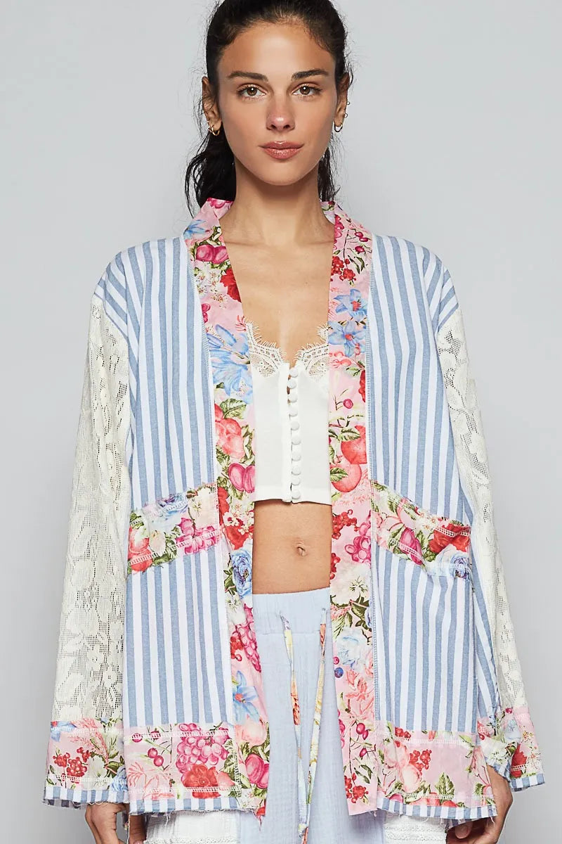 POL Lace Long Sleeve Striped Cardigan with Floral Patchwork Detail - Trendsi