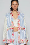 POL Lace Long Sleeve Striped Cardigan with Floral Patchwork Detail - Trendsi