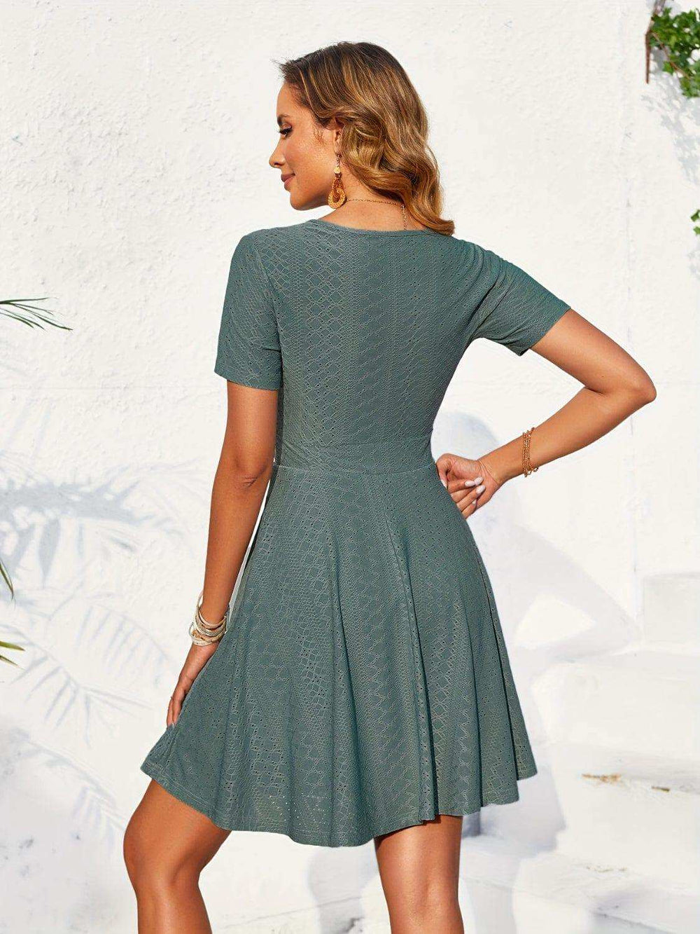 Eyelet Short Sleeve Mini Dress - Trendsi - Flyclothing LLC