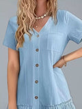 Full Size Button-Front Short Sleeve Tiered Dress Plus Size - Trendsi - Flyclothing LLC
