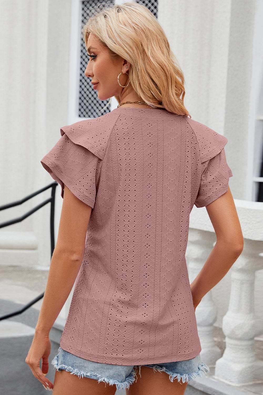 Eyelet Notched Flutter Sleeve T-Shirt - Trendsi - Flyclothing LLC