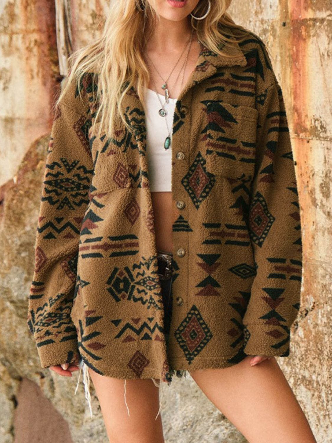 Geometric Button Up Long Sleeve Sherpa Jacket - Trendsi
