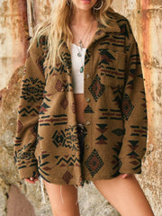 Geometric Button Up Long Sleeve Sherpa Jacket - Trendsi
