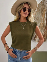 Textured Round Neck Casual Ribbed Top - Trendsi - Flyclothing LLC