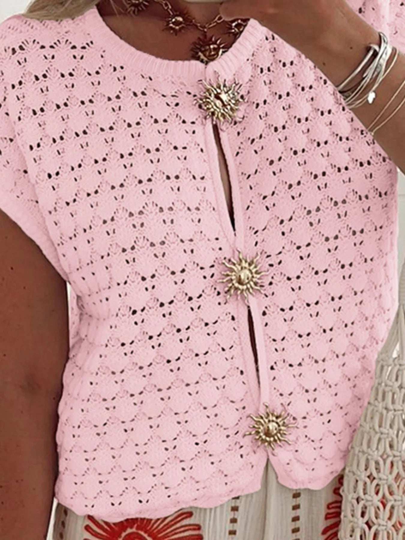 Crochet Short Sleeve Button Front Cardigan - Trendsi - Flyclothing LLC