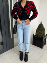 Valentine’s Day Heart V-Neck Cropped Cardigan - Trendsi - Flyclothing LLC
