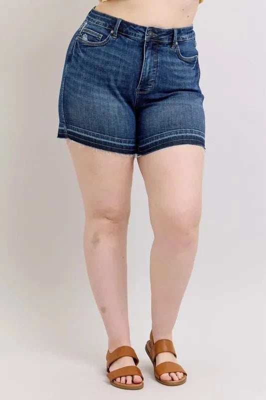 Judy Blue Full Size High Waist Tummy Control Destroy Release Hem Denim Shorts Plus Size - Trendsi - Flyclothing LLC