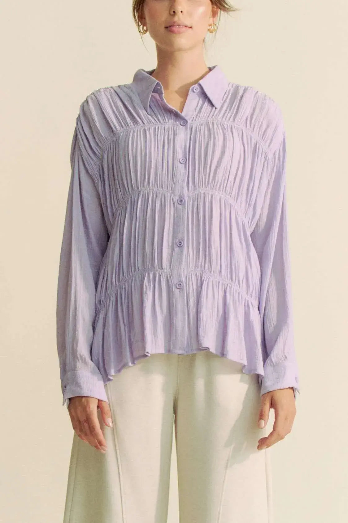 Davi & Dani Ruched All Over Button Front Shirt - Trendsi - Flyclothing LLC