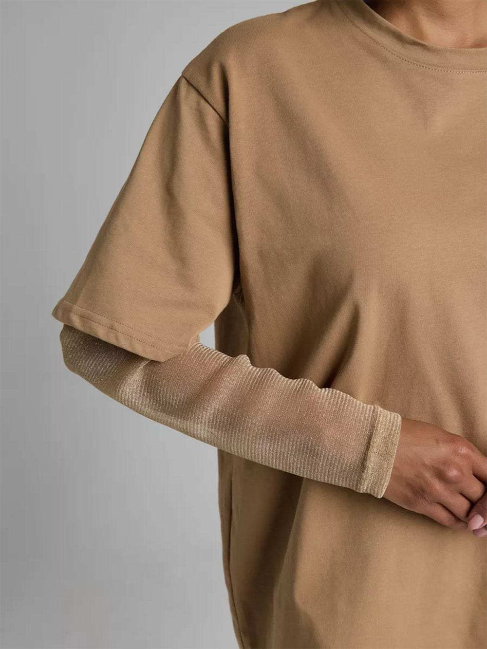 Faux Layered Round Neck Mesh Sleeve Top - Trendsi - Flyclothing LLC