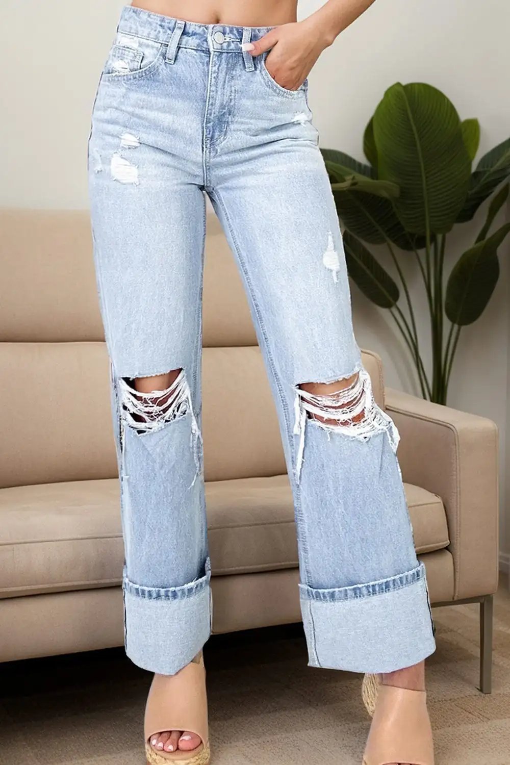 Distressed High Waist Jeans with Pockets - Trendsi