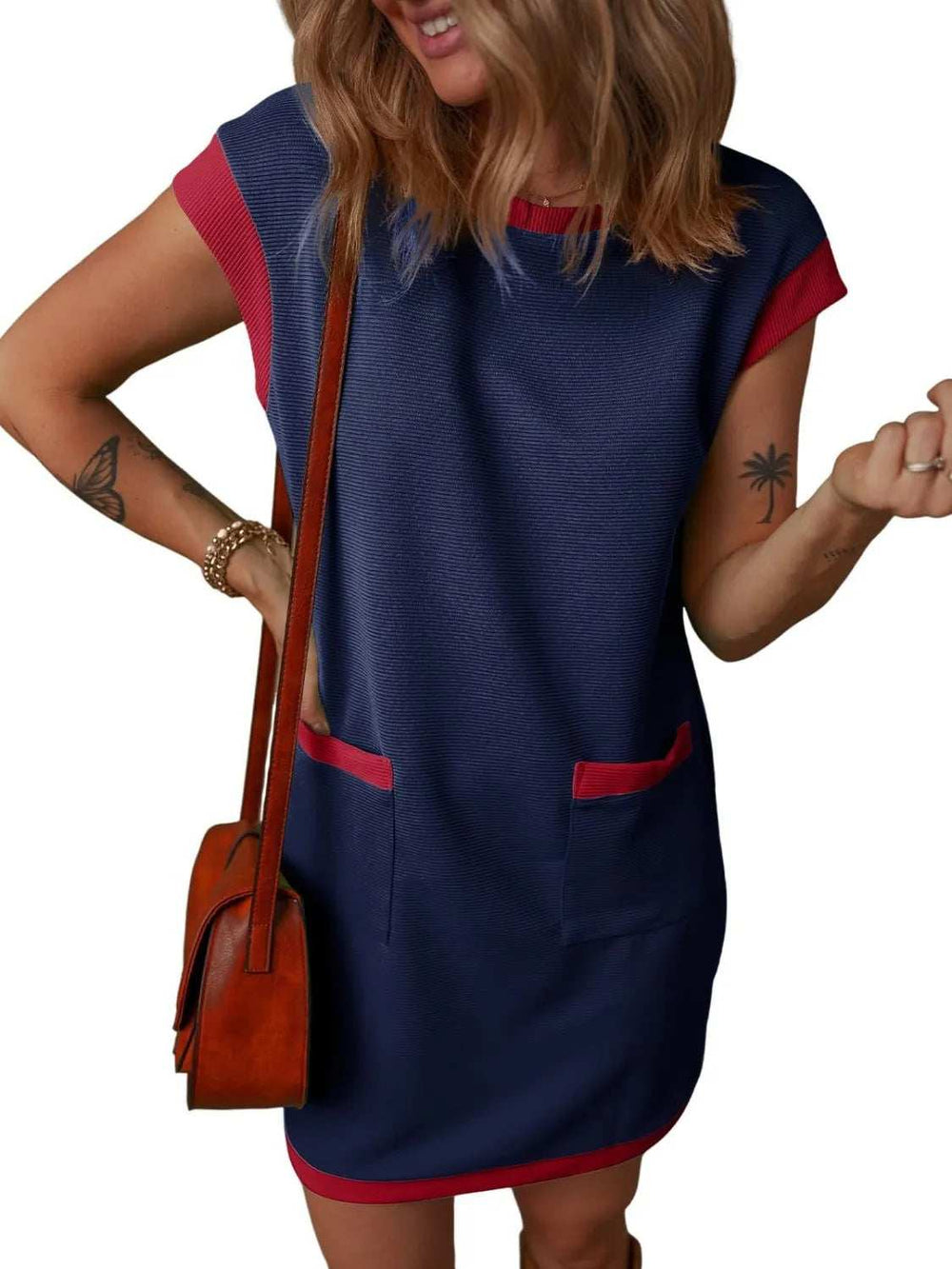 Round Neck Cap Sleeve Mini Dress - Trendsi - Flyclothing LLC