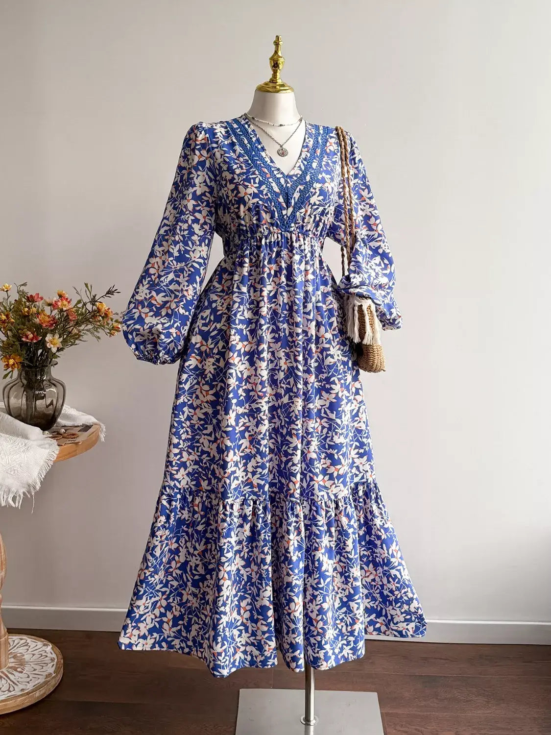 Plus Size Floral Print V-Neck Long Sleeve Maxi Dress - Trendsi - Flyclothing LLC