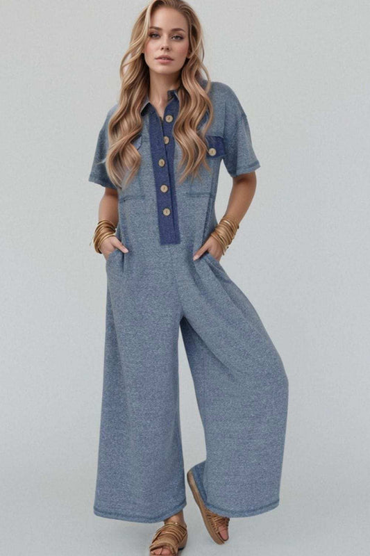 Placket Chest Pockets Short Sleeve Wide Leg Jumpsuit - Trendsi - Flyclothing LLC