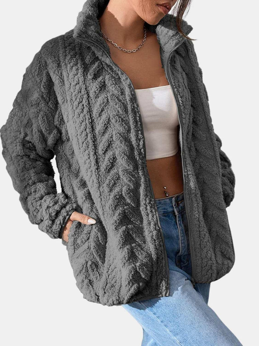 Fuzzy Zip Up Long Sleeve Jacket - Trendsi - Flyclothing LLC