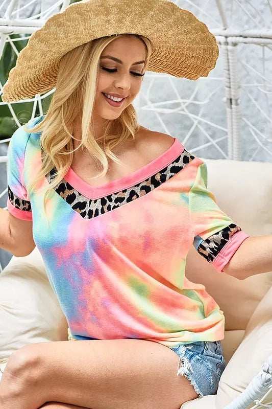 BiBi Rainbow Tie-Dye Leopard Trim V-Neck T-Shirt - Trendsi - Flyclothing LLC