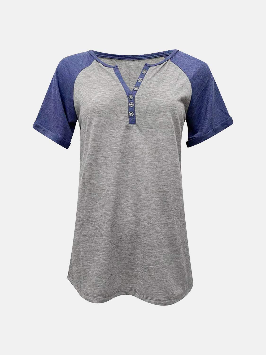 Contrast Notched Short Sleeve T-Shirt - Trendsi - Flyclothing LLC