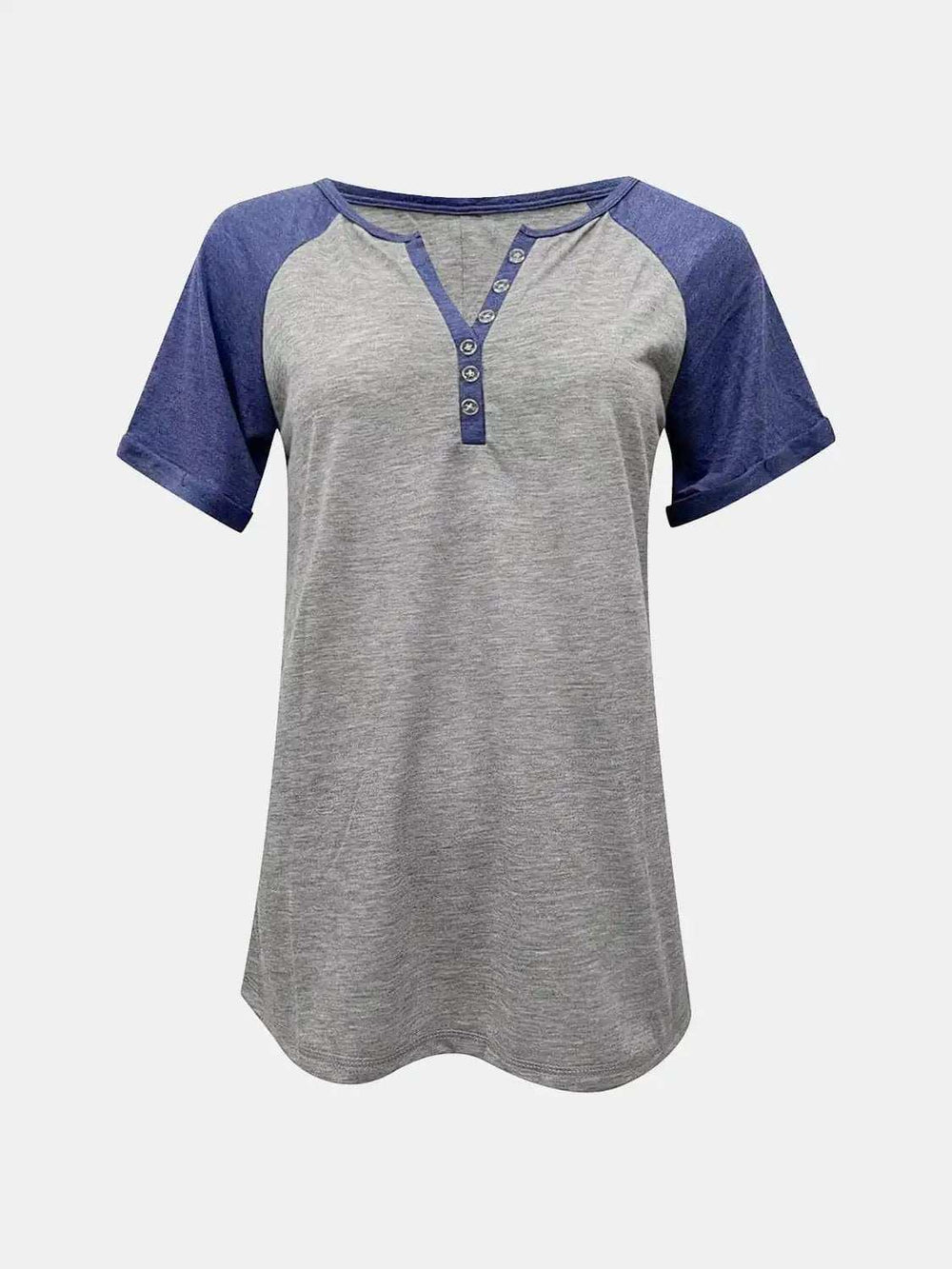 Contrast Notched Short Sleeve T-Shirt - Trendsi - Flyclothing LLC