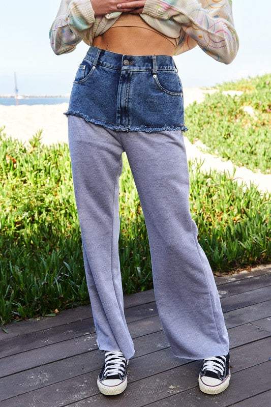 Davi & Dani Raw Hem Denim Patchwork Wide Leg Pants - Trendsi - Flyclothing LLC