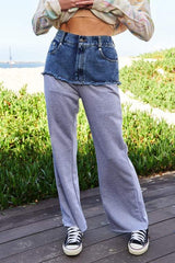 Davi & Dani Raw Hem Denim Patchwork Wide Leg Pants - Trendsi - Flyclothing LLC