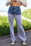 Davi & Dani Raw Hem Denim Patchwork Wide Leg Pants - Trendsi