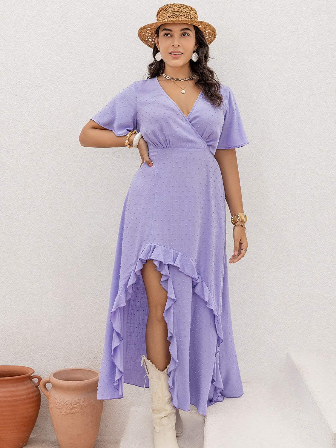 Plus Size Swiss Dot High-Low Surplice Dress - Trendsi - Flyclothing LLC
