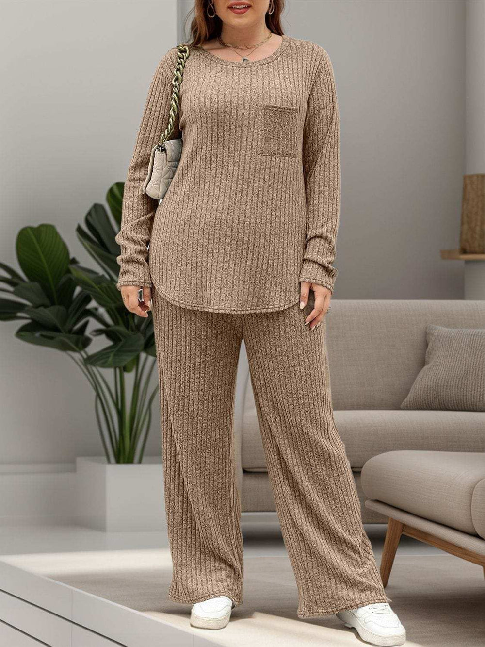 Round Neck Long Sleeve Top and Pants Set - Trendsi - Flyclothing LLC