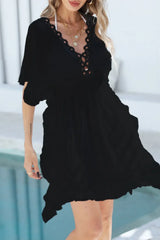 Ruffled Smocked Waist V-Neck Cover-Up - Trendsi - Flyclothing LLC