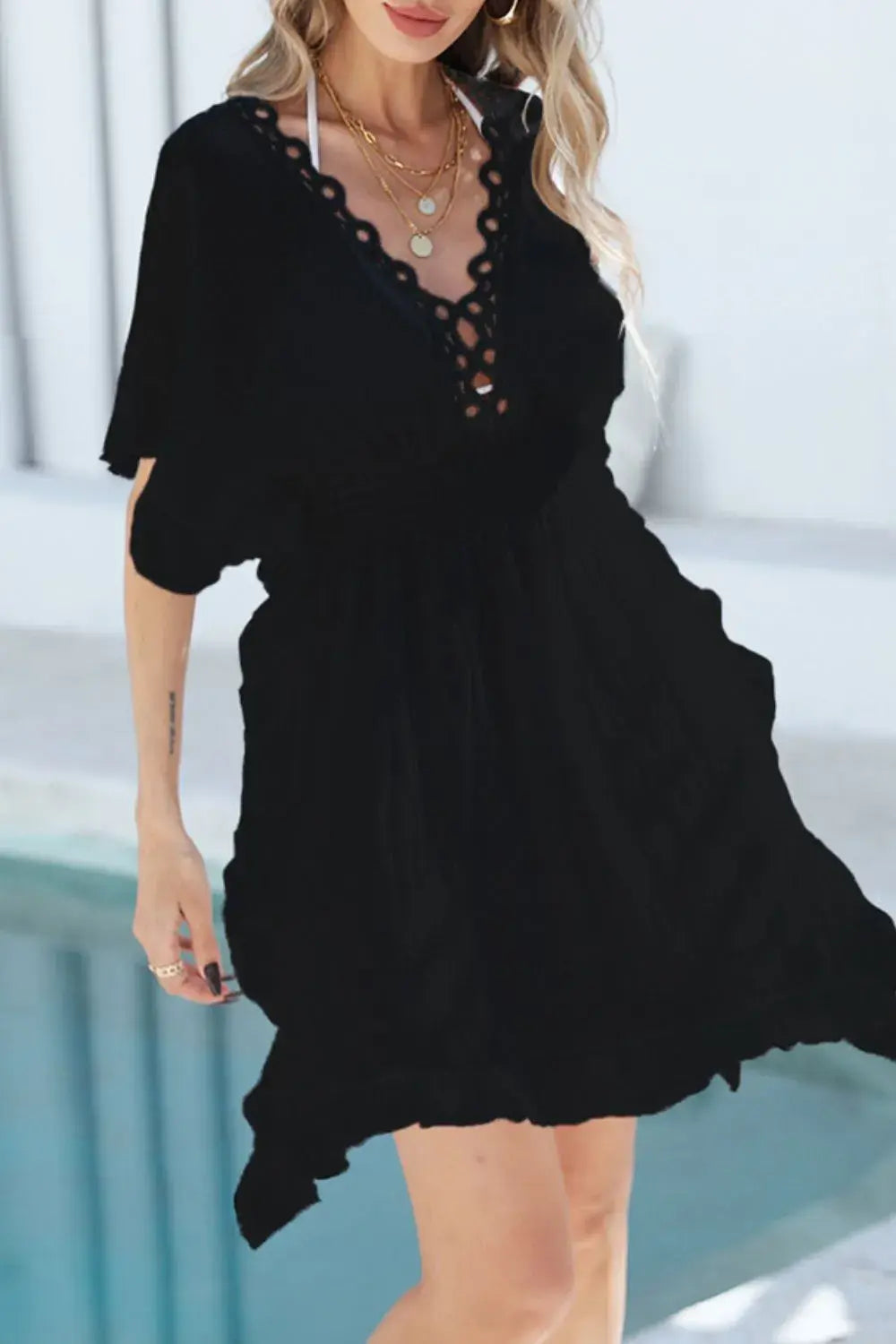 Ruffled Smocked Waist V-Neck Cover-Up - Trendsi - Flyclothing LLC