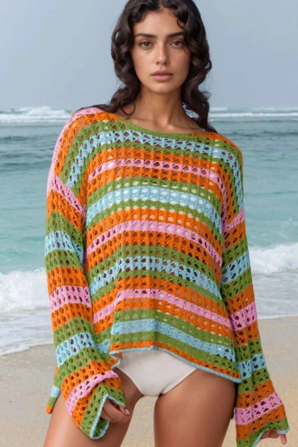 Openwork Round Neck Long Sleeve Knit Cover Up - Trendsi - Flyclothing LLC