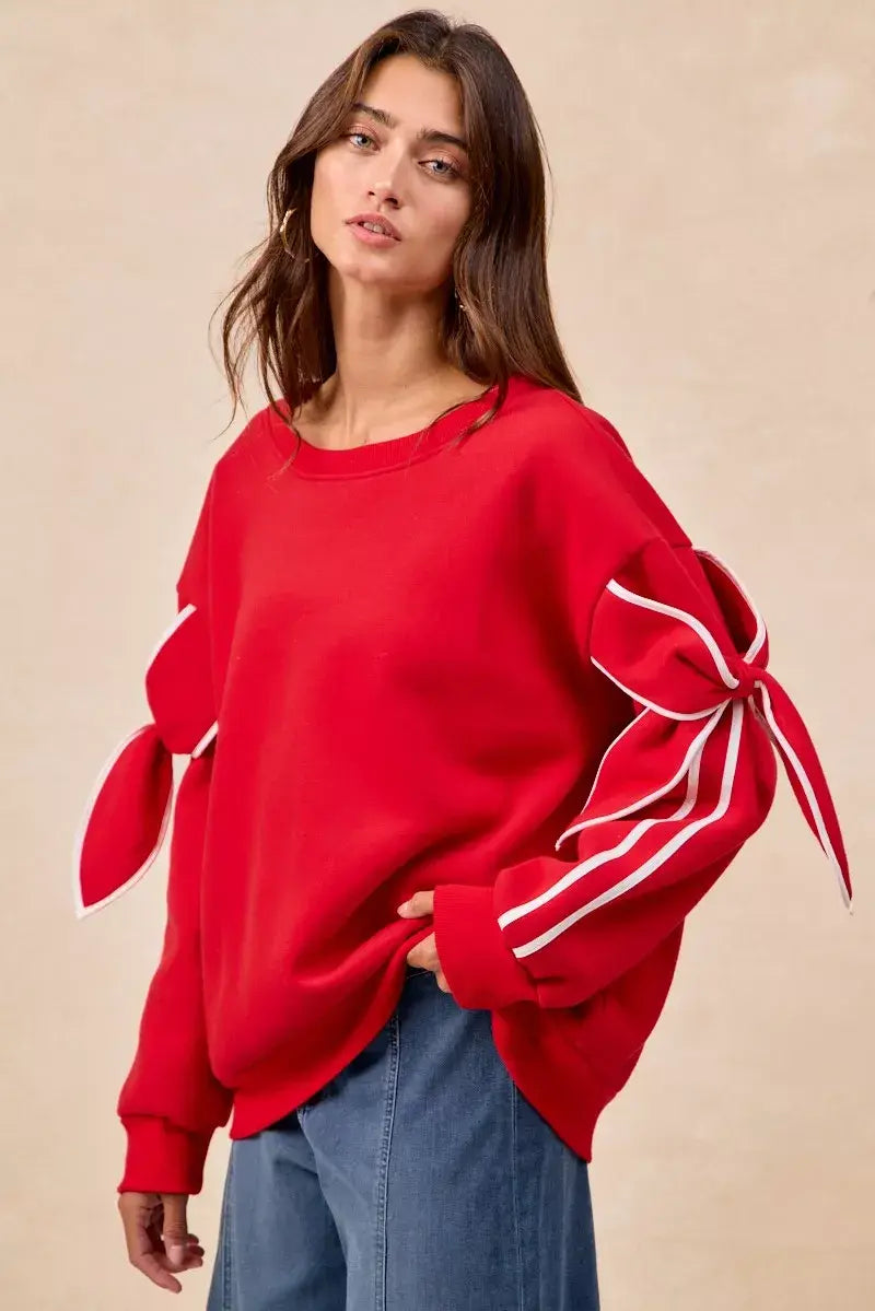 BiBi Bow Detail Sleeves Fleece Sweatshirt - Trendsi - Flyclothing LLC