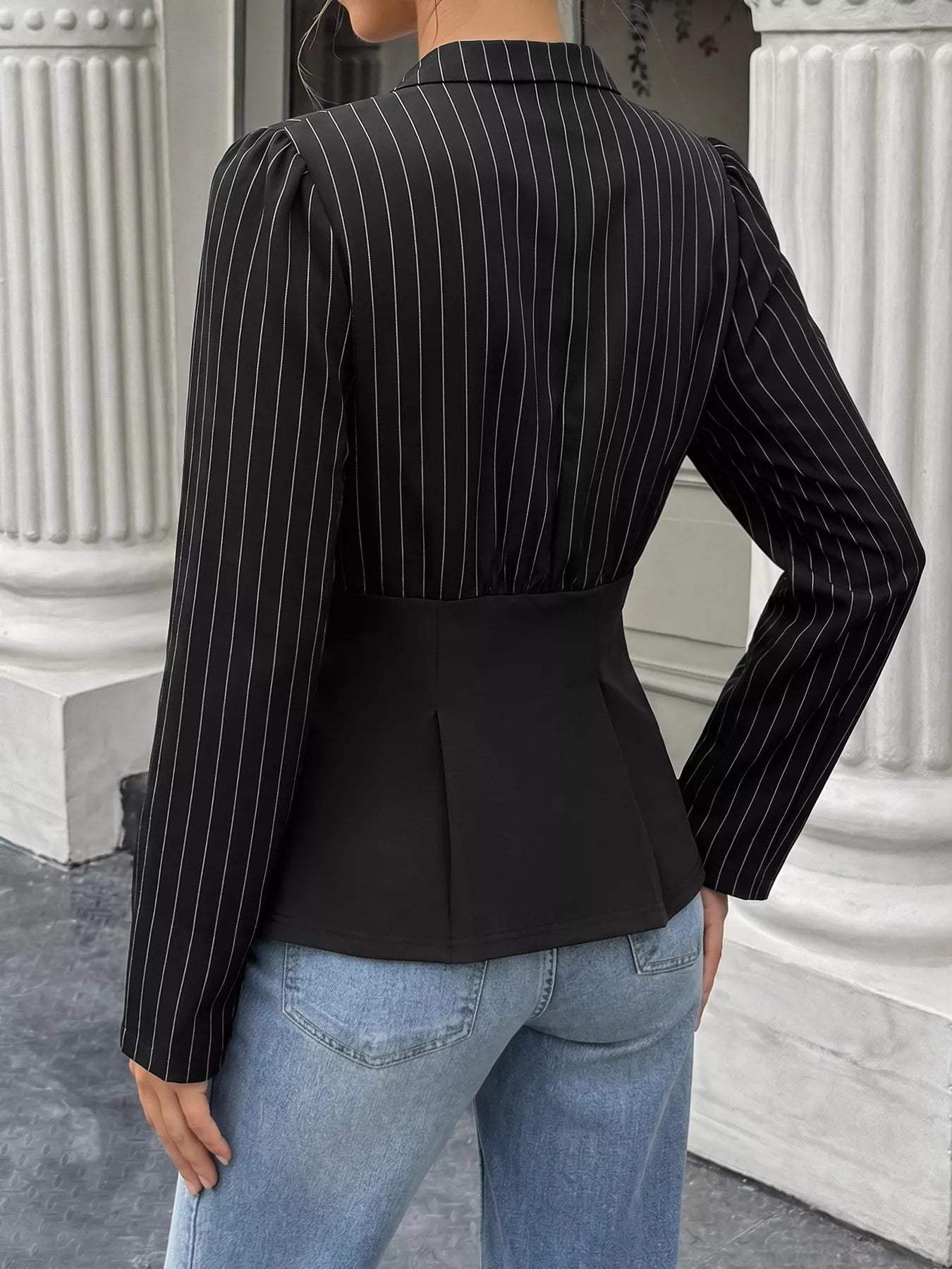 Striped Long Sleeve Peplum Blouse - Trendsi - Flyclothing LLC