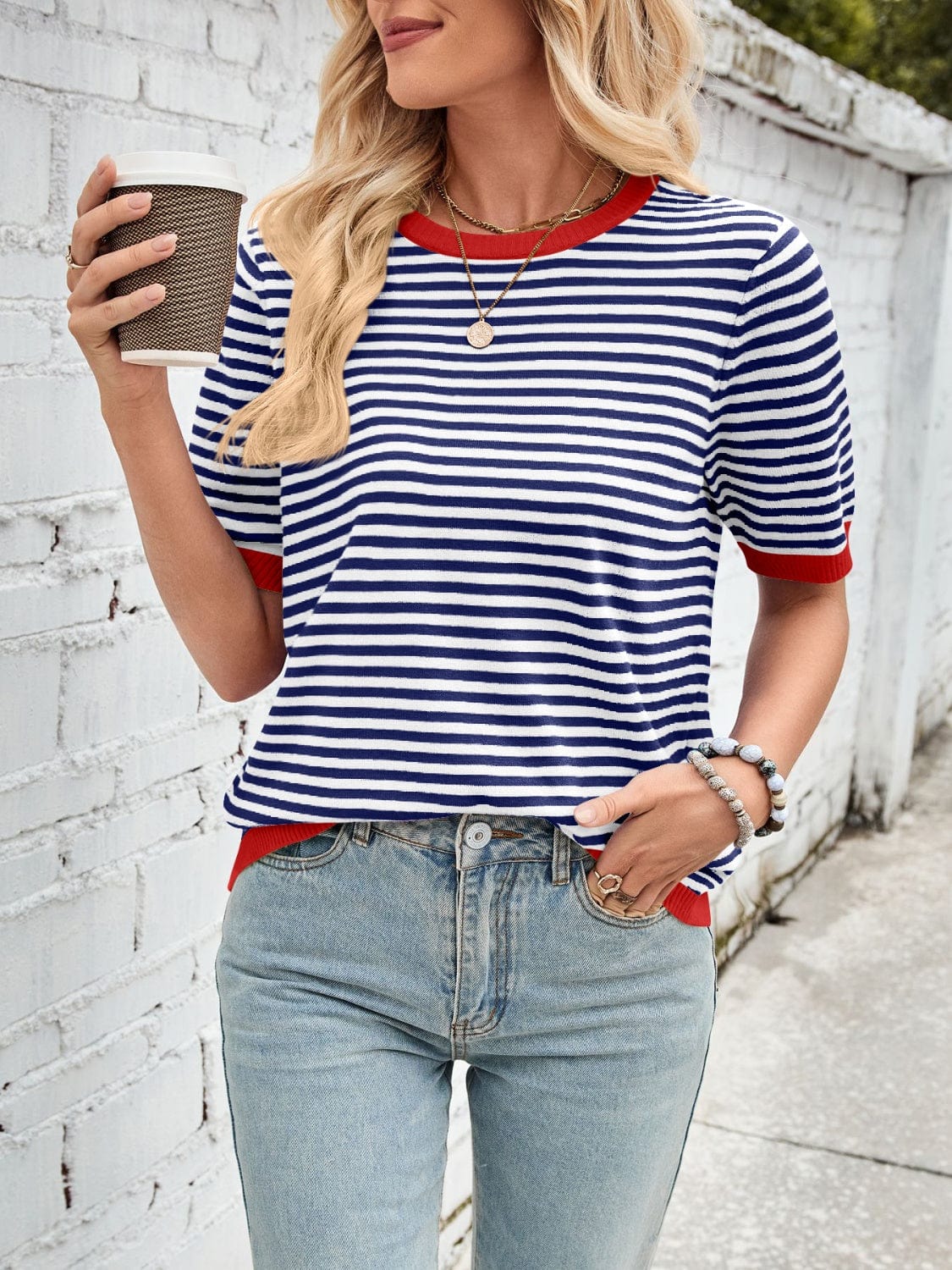 Lovelet Striped Contrast Round Neck Half Sleeve Knit Top - Trendsi